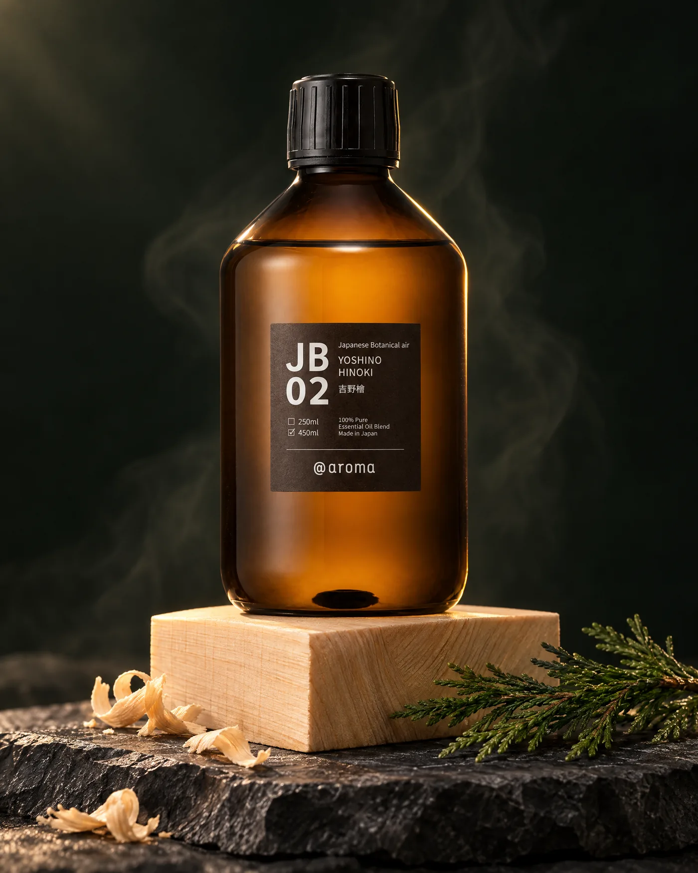 Yoshino Hinoki Duftöl von @aroma auf einem Hinoki-Holzblock