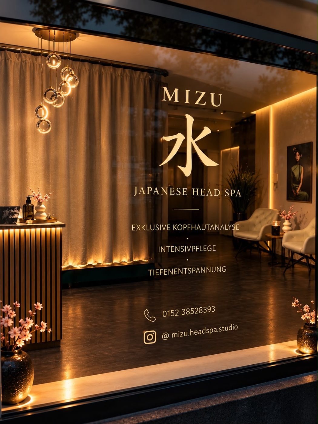 Schaufenster von MIZU Japanese Head Spa am Abend