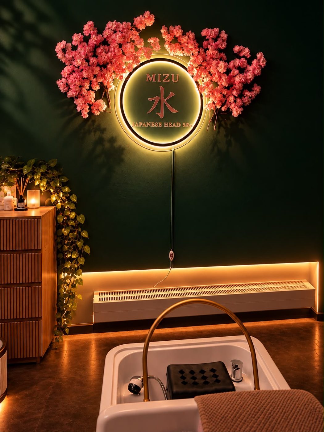 Leuchtendes MIZU-Logo mit Kirschblüten über dem Behandlungsplatz